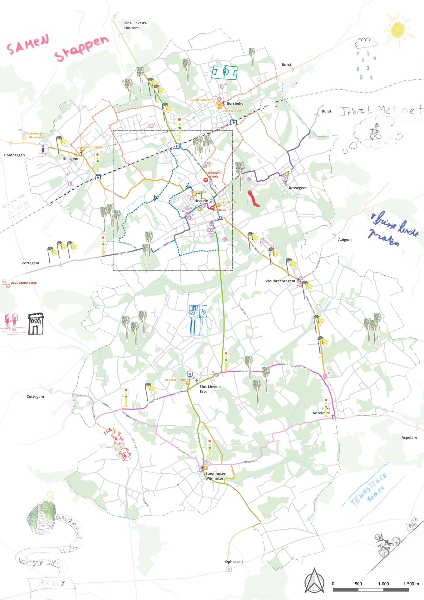 Kaart met alternatieve schoolroutes in Herzele